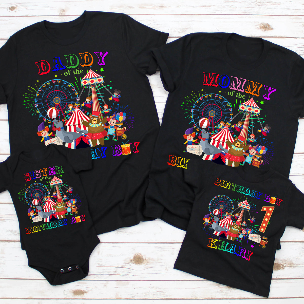 4 shirt set 1st Birthday Shirts with Circus buying Family Birthday Shirts with Circus on BLACK Shirts