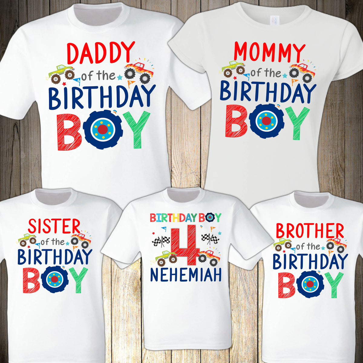 4 shirt set 1st Birthday top Shirts for Mom, Dad, Sibling Family Birthday Set with Monster Trucks